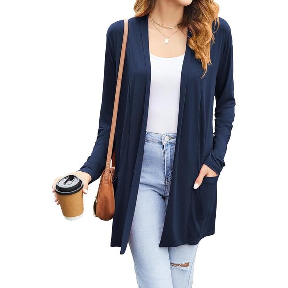 Womens Rayon Cardigan Loose Fit Long Sleeve Open Front Pockets Casual